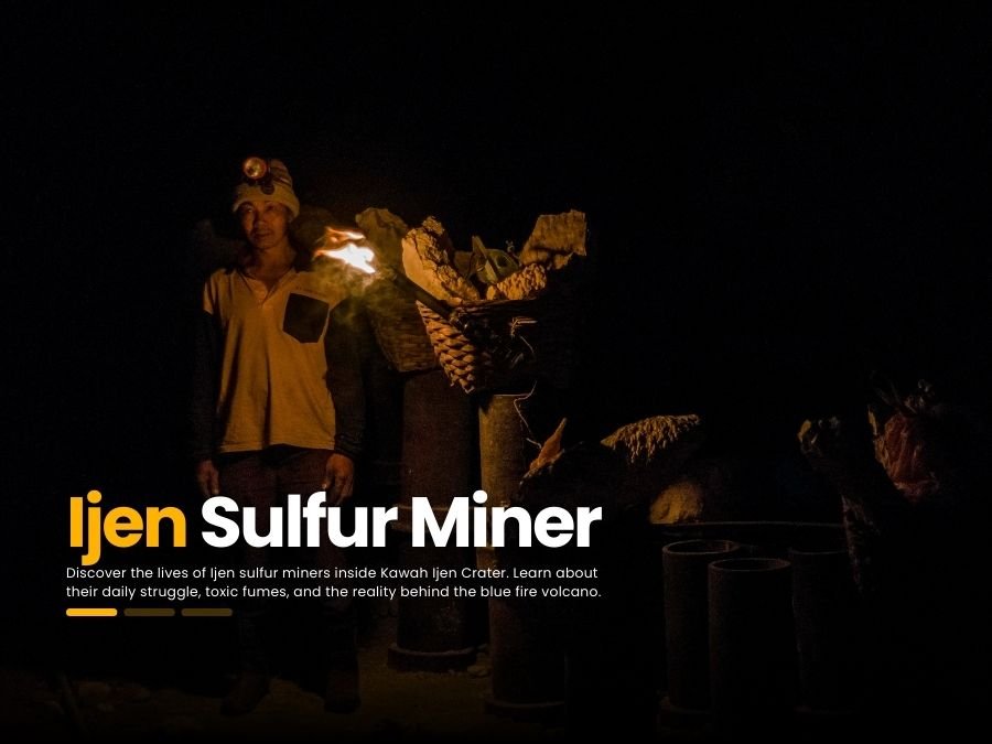 Ijen sulfur miner carrying heavy sulfur baskets inside Kawah Ijen crater