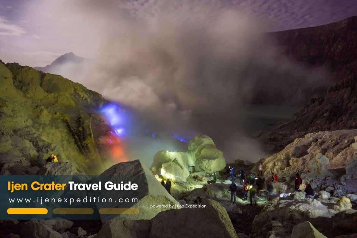 Blue fire phenomenon at Ijen Crater glowing in the dark before sunrise