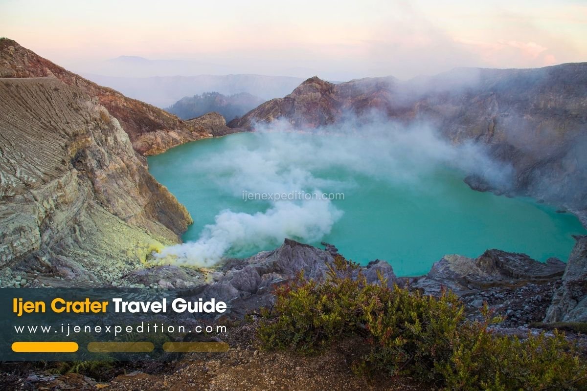 Clear weather at Ijen Crater during dry season with panoramic mountain views