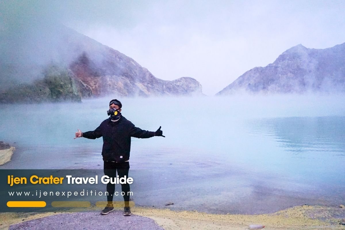 Visitors wearing gas masks near sulfur gases at Ijen Crater