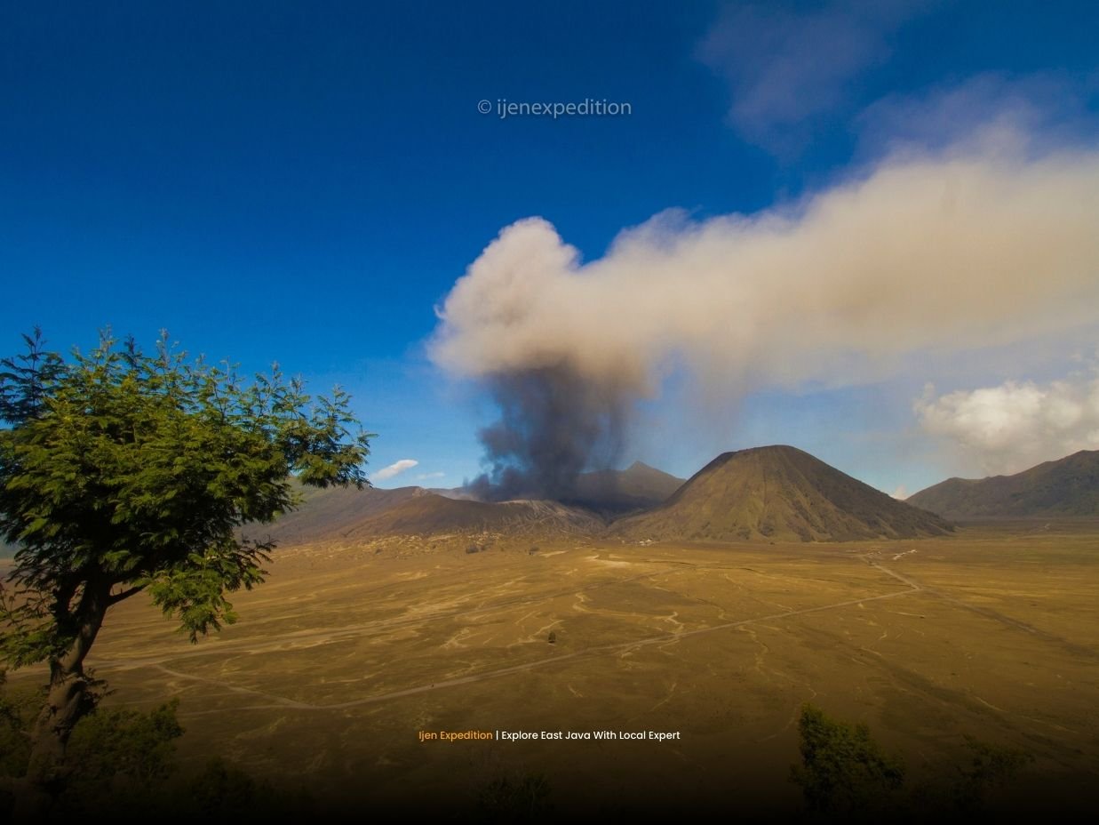Active Mount Bromo crater releasing volcanic smoke