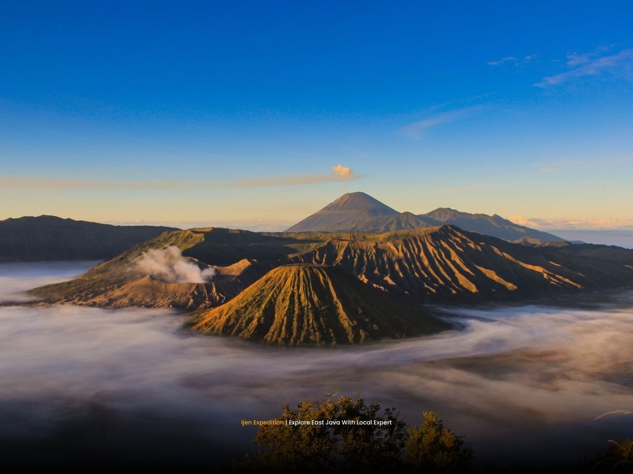 Wide caldera inside Bromo Tengger Semeru National Park surrounding Mount Bromo