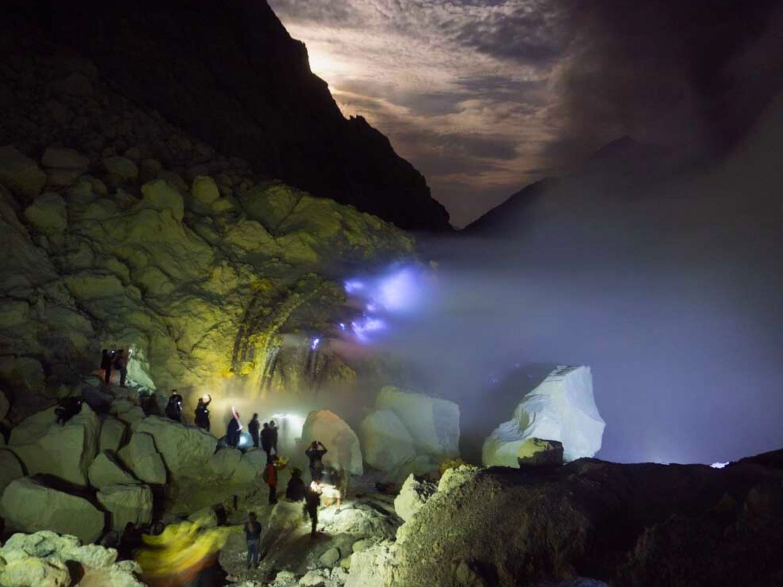 Blue flame phenomenon inside Ijen Crater at night