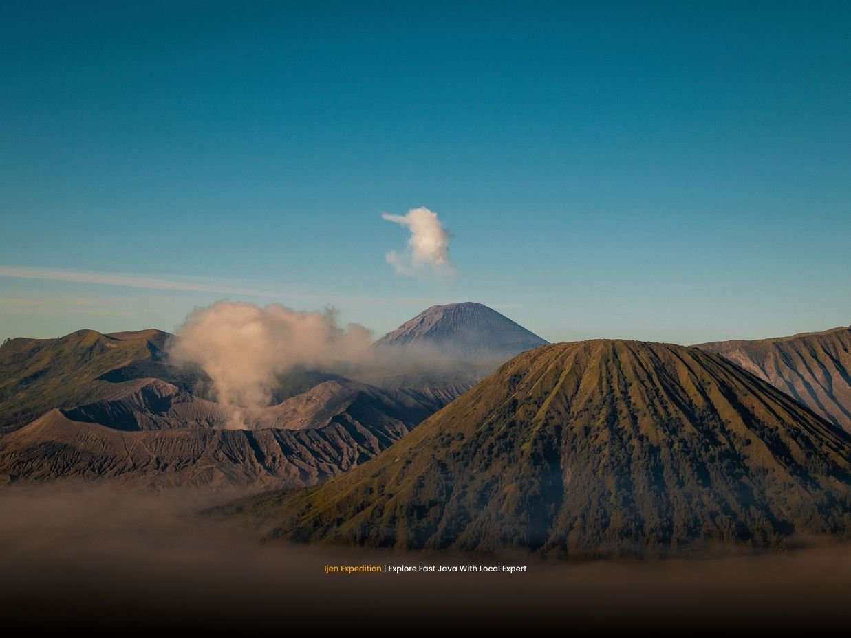 Volcanic landscape of Mount Bromo in East Java with mist and surrounding caldera