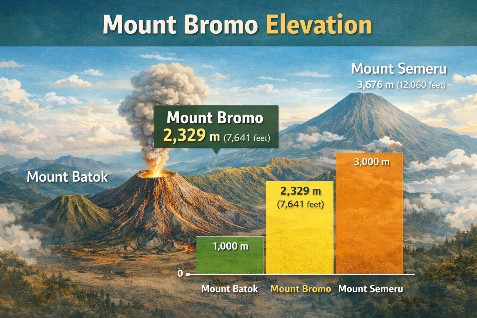 Mount Bromo elevation illustration showing the volcano at 2,329 meters above sea level in East Java, Indonesia