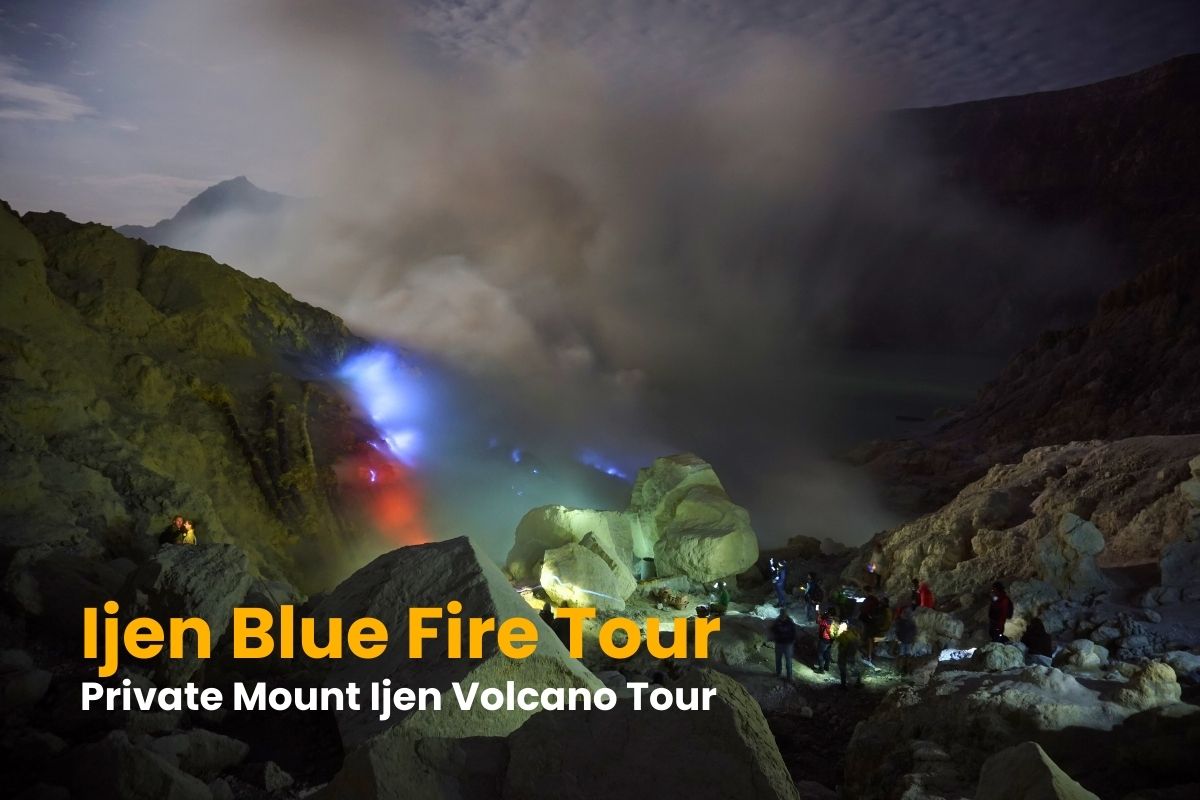 Ijen blue fire phenomenon inside Ijen crater at night