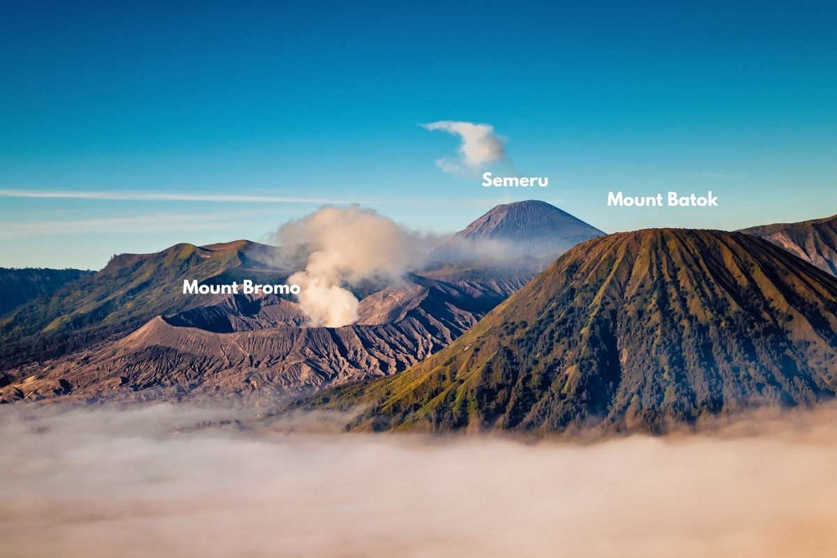 Mount Bromo and Mount Batok volcanic cones inside the Tengger caldera in East Java