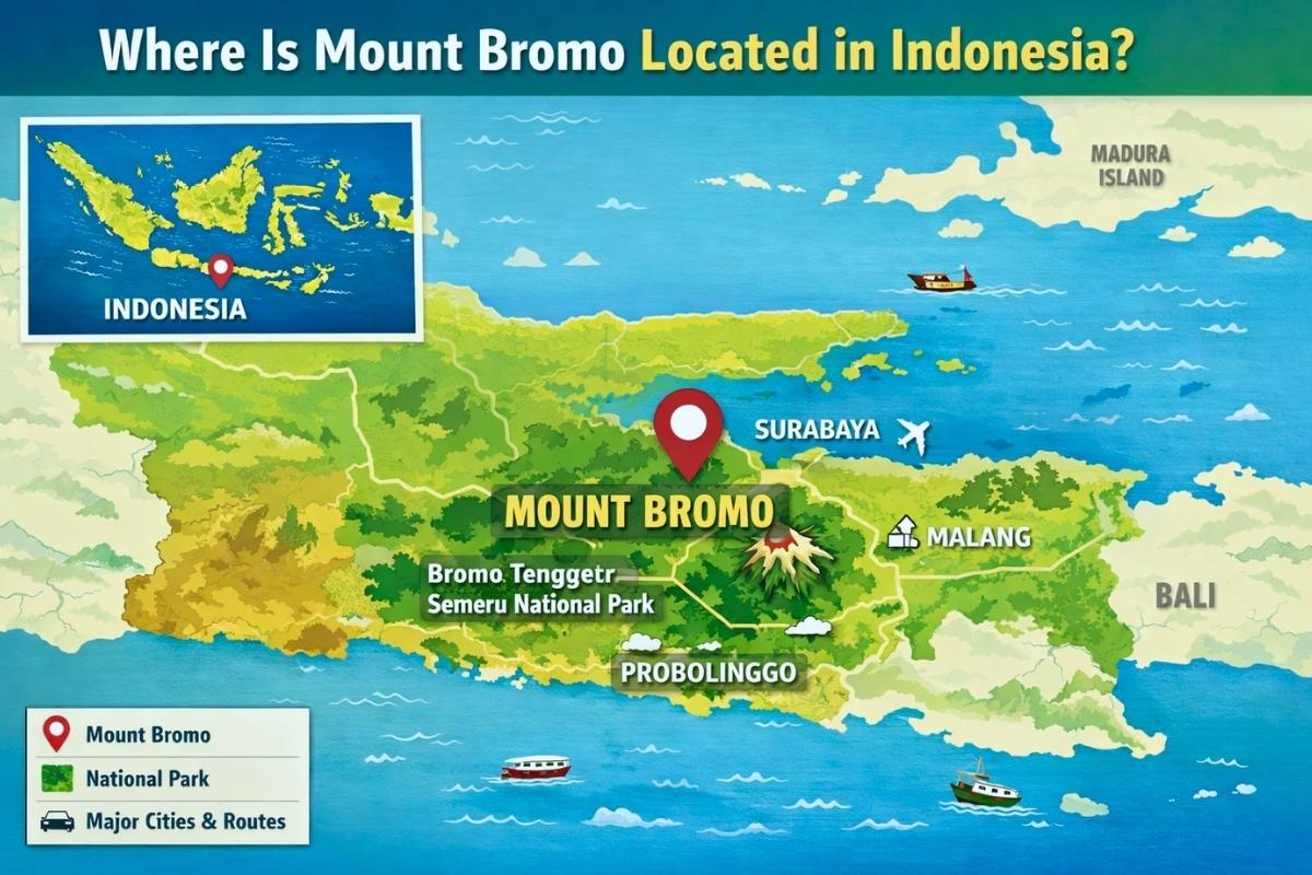 Map showing the location of Mount Bromo in East Java, Indonesia inside Bromo Tengger Semeru National Park