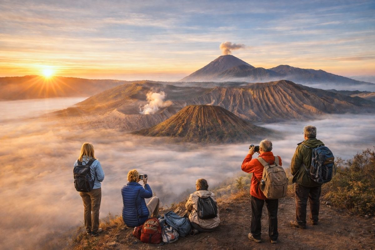Mount Bromo sunrise with Mount Batok and Mount Semeru seen from Penanjakan viewpoint