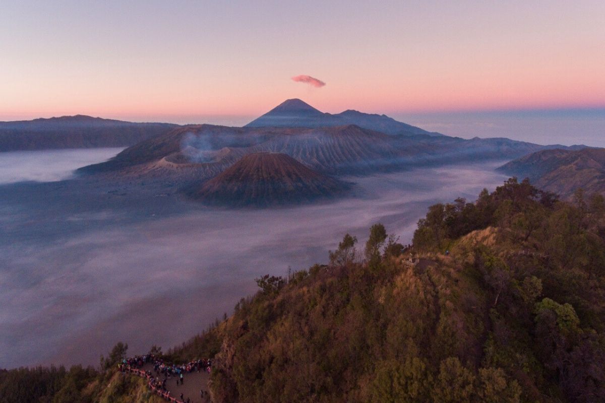 The vast Tengger caldera landscape surrounding Mount Bromo in East Java Indonesia