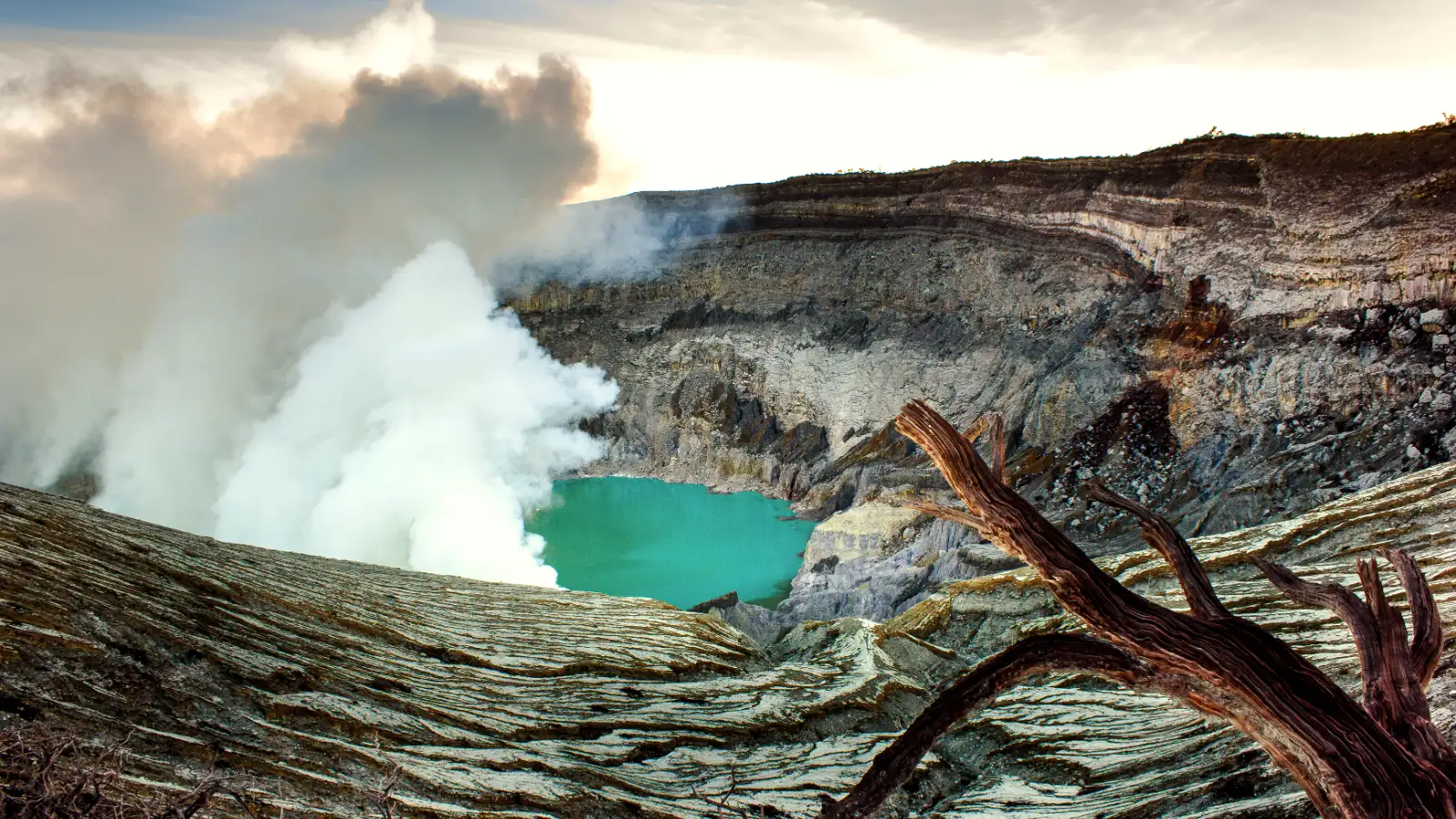 Ijen Crater Sunrise Sunrise over the acid lake of Ijen with orange and teal sky tones